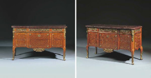 A pair of late Louis XV ormolu-mounted kingwood and tulipwood parquet commodes, once at Guisachan House, sold through Christie’s auction house in 1996 for $276,669