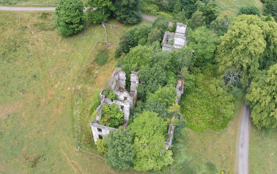 Aerial showing house full of trees before any work is done